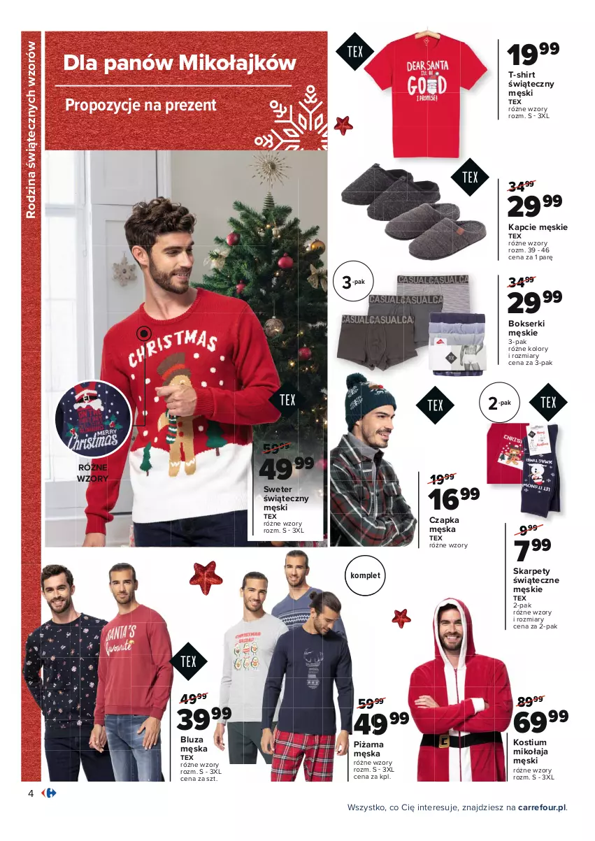 Gazetka promocyjna Carrefour - Gazetka Modne prezenty na mikołajki - ważna 30.11 do 12.12.2021 - strona 4 - produkty: Bluza, Bokserki, Czapka, Kapcie, Karp, Kostium, Piżama, Ser, Sweter, T-shirt