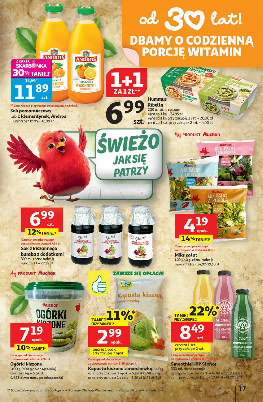 Gazetka promocyjna Auchan - 30 Lat Hipermarket - ważna 08.01 do 14.01.2026 - strona 17 - produkty: Bell, Bella, Hummus, Mus, Sałat, Sok, Sok pomarańczowy