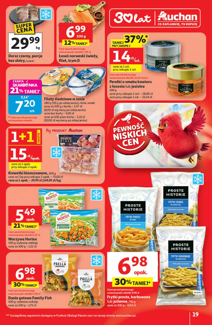 Gazetka promocyjna Auchan - 30 Lat Hipermarket - ważna 08.01 do 14.01.2026 - strona 19 - produkty: Danie gotowe, Dorsz, Fa, Frytki, Hortex, Kawior, Krewetki, Por, Sos, Warzywa