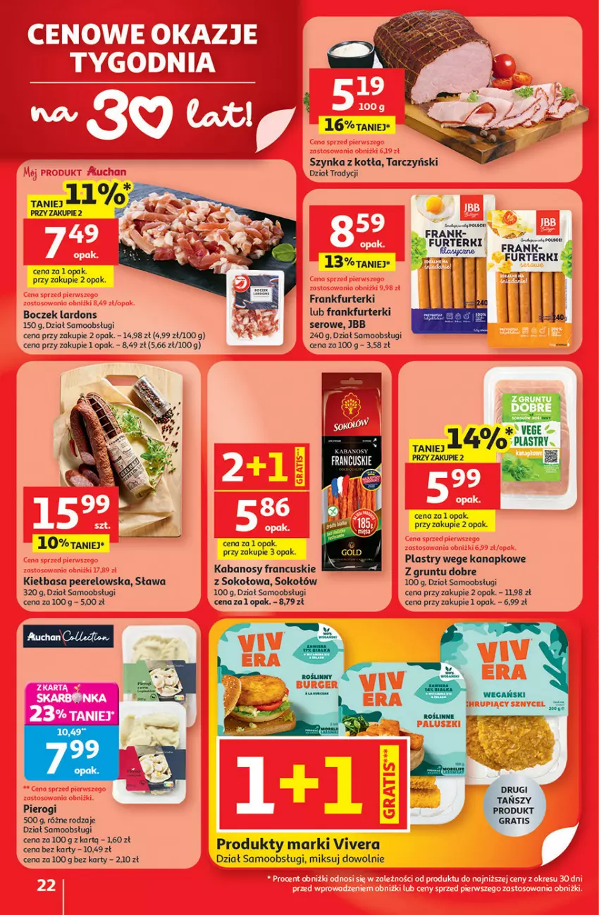 Gazetka promocyjna Auchan - 30 Lat Hipermarket - ważna 08.01 do 14.01.2026 - strona 22 - produkty: Boczek, Frankfurterki, Gra, Grunt, Kabanos, Kiełbasa, Pierogi, Ser, Sok, Sokołów, Szynka, Tarczyński, Z gruntu dobre