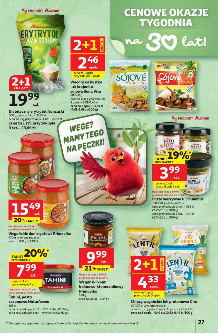 Gazetka promocyjna Auchan - 30 Lat Hipermarket - ważna 08.01 do 14.01.2026 - strona 27 - produkty: Chipsy, Danie gotowe, Hummus, Kakao, Mus, Pasta warzywna, Prima, Primavika, Sezam