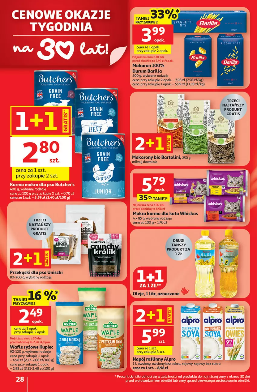 Gazetka promocyjna Auchan - 30 Lat Hipermarket - ważna 08.01 do 14.01.2026 - strona 28 - produkty: Alpro, Barilla, Baton, Gra, Kupiec, Makaron, Mokra karma, Napój, Napój roślinny, Olej, Piec, Przekąski dla psa, Rum, Ryż, Spaghetti, Wafle, Whiskas