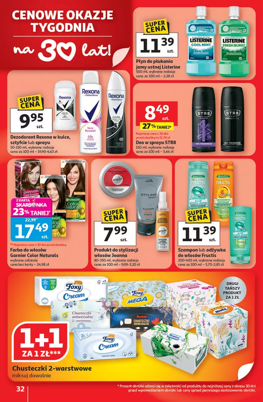 Gazetka promocyjna Auchan - 30 Lat Hipermarket - ważna 08.01 do 14.01.2026 - strona 32 - produkty: Chusteczki, Dezodorant, Fa, Farba do włosów, Fructis, Garnier, Joanna, Listerine, Odżywka, Płyn do płukania, Rexona, Szampon