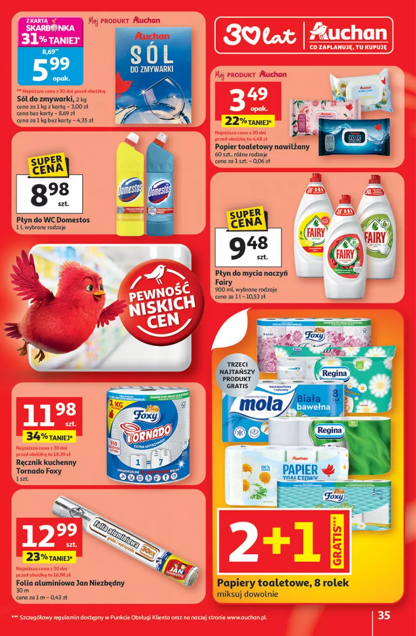 Gazetka promocyjna Auchan - 30 Lat Hipermarket - ważna 08.01 do 14.01.2026 - strona 35 - produkty: Do mycia naczyń, Domestos, Fa, Fairy, Folia aluminiowa, Foxy, Jan Niezbędny, Papier, Papier toaletowy, Płyn do mycia, Płyn do mycia naczyń, Płyn do wc, Ręcznik, Ręcznik kuchenny, Sól, Zmywarki