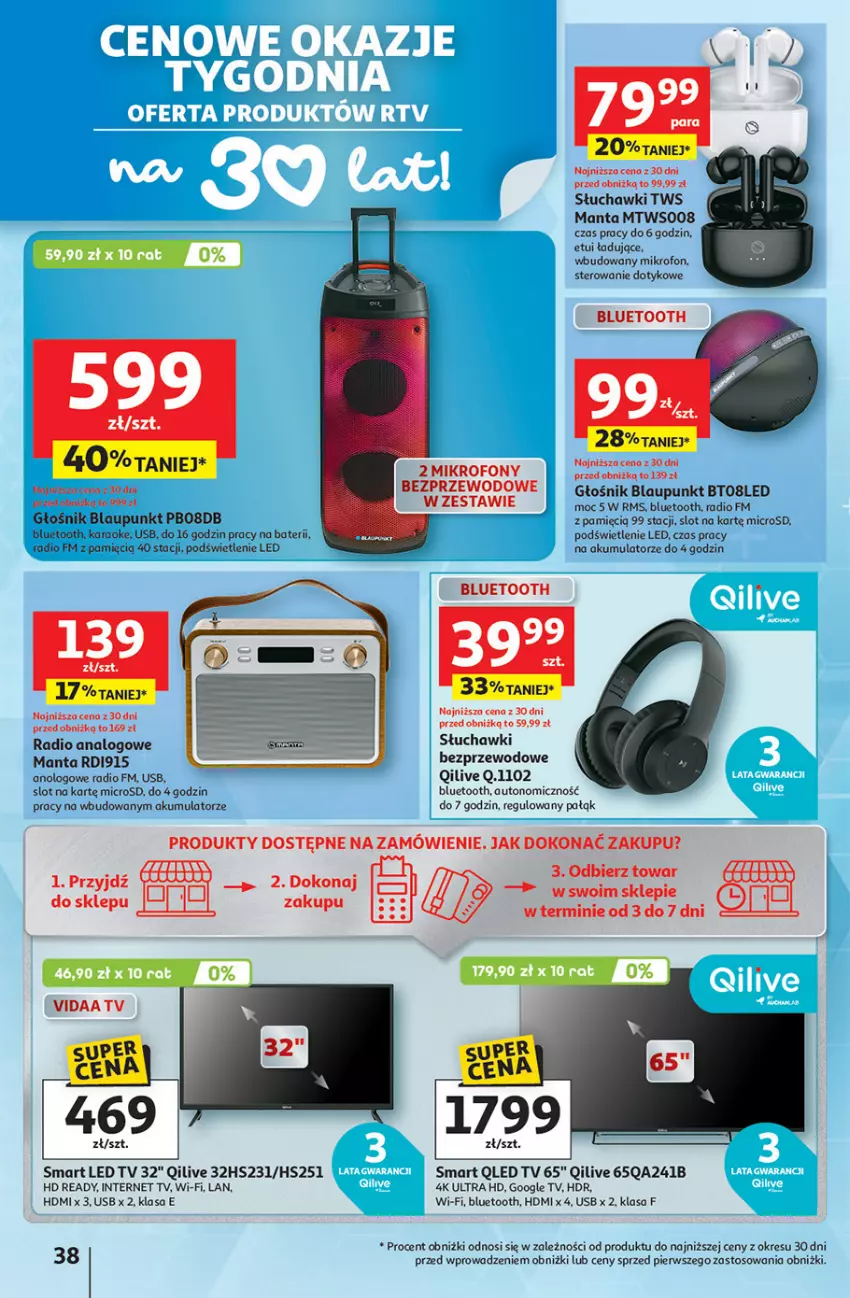 Gazetka promocyjna Auchan - 30 Lat Hipermarket - ważna 08.01 do 14.01.2026 - strona 38 - produkty: Akumulator, Głośnik, HD ready, LED TV, Manta, Mikrofon, Słuchawki, Słuchawki bezprzewodowe