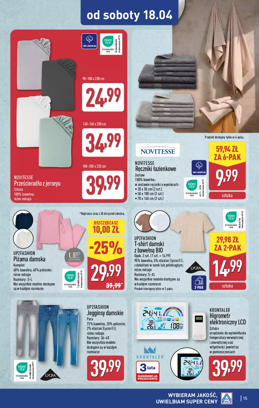 Gazetka promocyjna Aldi - Artykuły przemysłowe i tekstylia - ważna 15.04 do 18.04.2026 - strona 15 - produkty: Fa, Gin, LG, Piżama, Prześcieradło, Ręcznik, Ser, Serek, T-shirt, Wełna