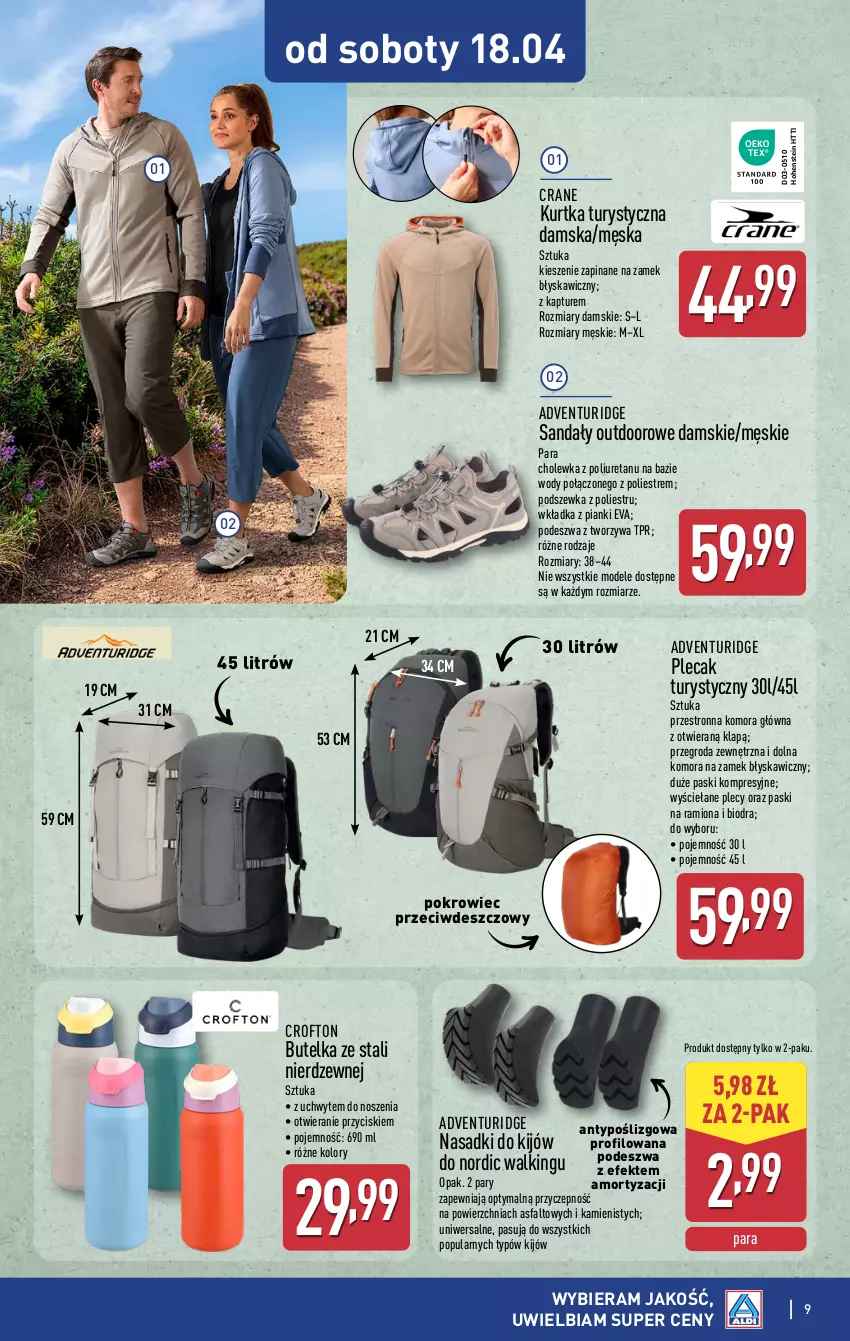 Gazetka promocyjna Aldi - Artykuły przemysłowe i tekstylia - ważna 15.04 do 18.04.2026 - strona 9 - produkty: Fa, Kurtka, Kurtka turystyczna, Plecak, Pokrowiec, Sandał