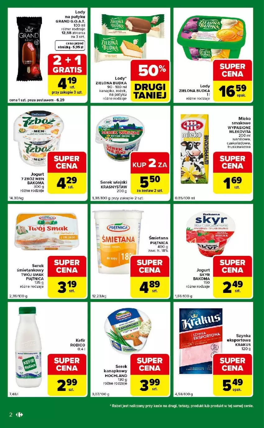 Gazetka promocyjna Carrefour - Gazetka Express - ważna 14.04 do 20.04.2026 - strona 2 - produkty: Bakoma, BIC, Gra, Hochland, Jogurt, Kefir, Krakus, Lody, Mleko, Mleko smakowe, Mlekovita, Piątnica, Por, Robico, Ser, Serek, Serek wiejski, Sport, Szynka, Twój Smak