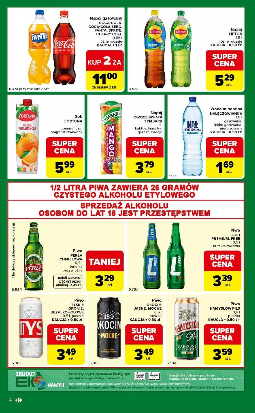 Gazetka promocyjna Carrefour - Gazetka Express - ważna 14.04 do 20.04.2026 - strona 4 - produkty: Fa, Fanta, Fortuna, Gra, Granat, Kaktus, Koc, Lech Premium, Lipton, Mango, Nałęczowianka, Namysłów, Napój, Napój gazowany, Okocim, Owoce, Perła, Piwa, Piwo, Tymbark, Tyskie, Woda, Woda mineralna