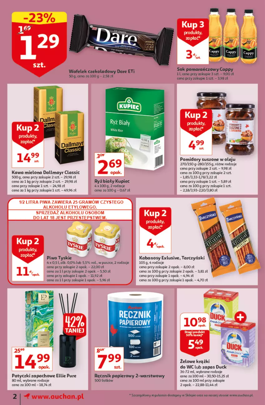 Gazetka promocyjna Auchan - Tygodniowe przeNISKIE CENY Moje Auchan - ważna 17.02 do 23.02.2022 - strona 2 - produkty: Cappy, Dallmayr, Duck, Kabanos, Kawa, Kawa mielona, Kupiec, Olej, Papier, Piec, Piwo, Pomidory, Pur, Ręcznik, Ryż, Ryż biały, Sok, Sok pomarańczowy, Tarczyński, Tyskie, Wafelek