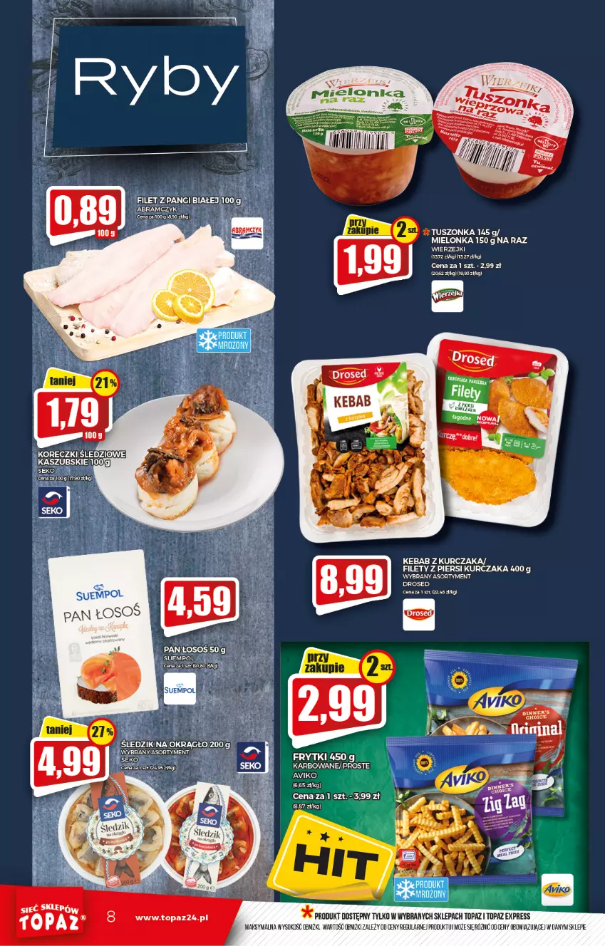 Gazetka promocyjna Topaz - Gazetka - ważna 23.09 do 29.09.2021 - strona 8 - produkty: Filet z pangi, Kebab, Kebab z kurczaka, Kurczak, Olej, Sok, Top, Tusz