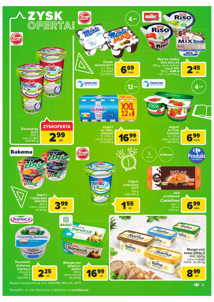 Gazetka promocyjna Carrefour - Gazetka Carrefour - ważna 16.08 do 28.08.2022 - strona 9 - produkty: Actimel, Activia, Bakoma, Benecol, Danone, Deser, Jaja, Jogurt, Jogurt naturalny, Margaryna, Monte, Müller, Piątnica, Rama, Ryż, Ryż na mleku, Ser, Zott