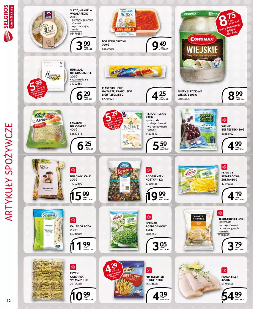 Gazetka promocyjna Selgros - Extra Oferta - ważna 01.03 do 31.03.2021 - strona 12 - produkty: Amol, Artykuły spożywcze, Borowiki, Dorsz, Fa, Frytki, Gala, Hummus, Kalafior, Lasagne, Lasagne bolognese, Makrela w galarecie, Mus, Panga, Pierogi, Pstrąg, Róża, Stek, Szpinak