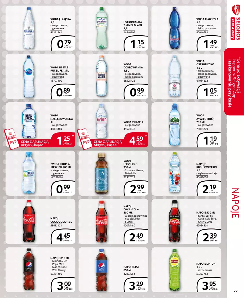 Gazetka promocyjna Selgros - Extra Oferta - ważna 01.03 do 31.03.2021 - strona 27 - produkty: 7up, Coca-Cola, Dobrowianka, Fa, Fanta, Kubuś, Kubuś Waterrr, LG, Lipton, Mango, Mirinda, Nałęczowianka, Napój, Napoje, Nestlé, Pepsi, Pepsi max, Pur, Sprite, Woda, Znicz