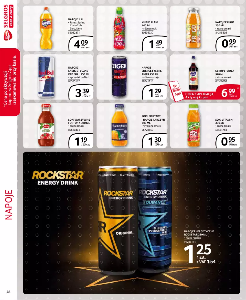 Gazetka promocyjna Selgros - Extra Oferta - ważna 01.03 do 31.03.2021 - strona 28 - produkty: Coca-Cola, Fa, Fanta, Fortuna, Kubuś, LG, Napoje, Nektar, Paola, Red Bull, Sok, Sprite, Syrop, Syropy, Tiger