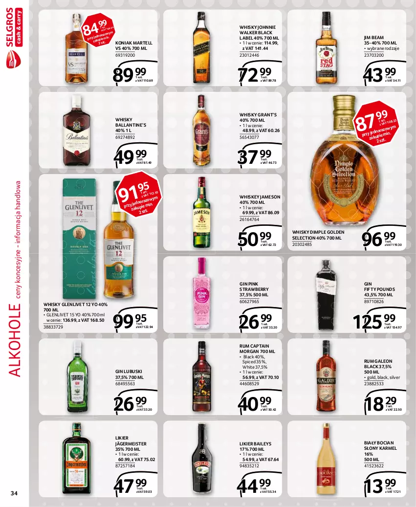 Gazetka promocyjna Selgros - Extra Oferta - ważna 01.03 do 31.03.2021 - strona 34 - produkty: Alkohole, Biały Bocian, Captain Morgan, Dimple Golden Selection, Gin, Gra, Jameson, Jim Beam, Johnnie Walker, Lack, Leon, Likier, Rum, Whiskey, Whisky