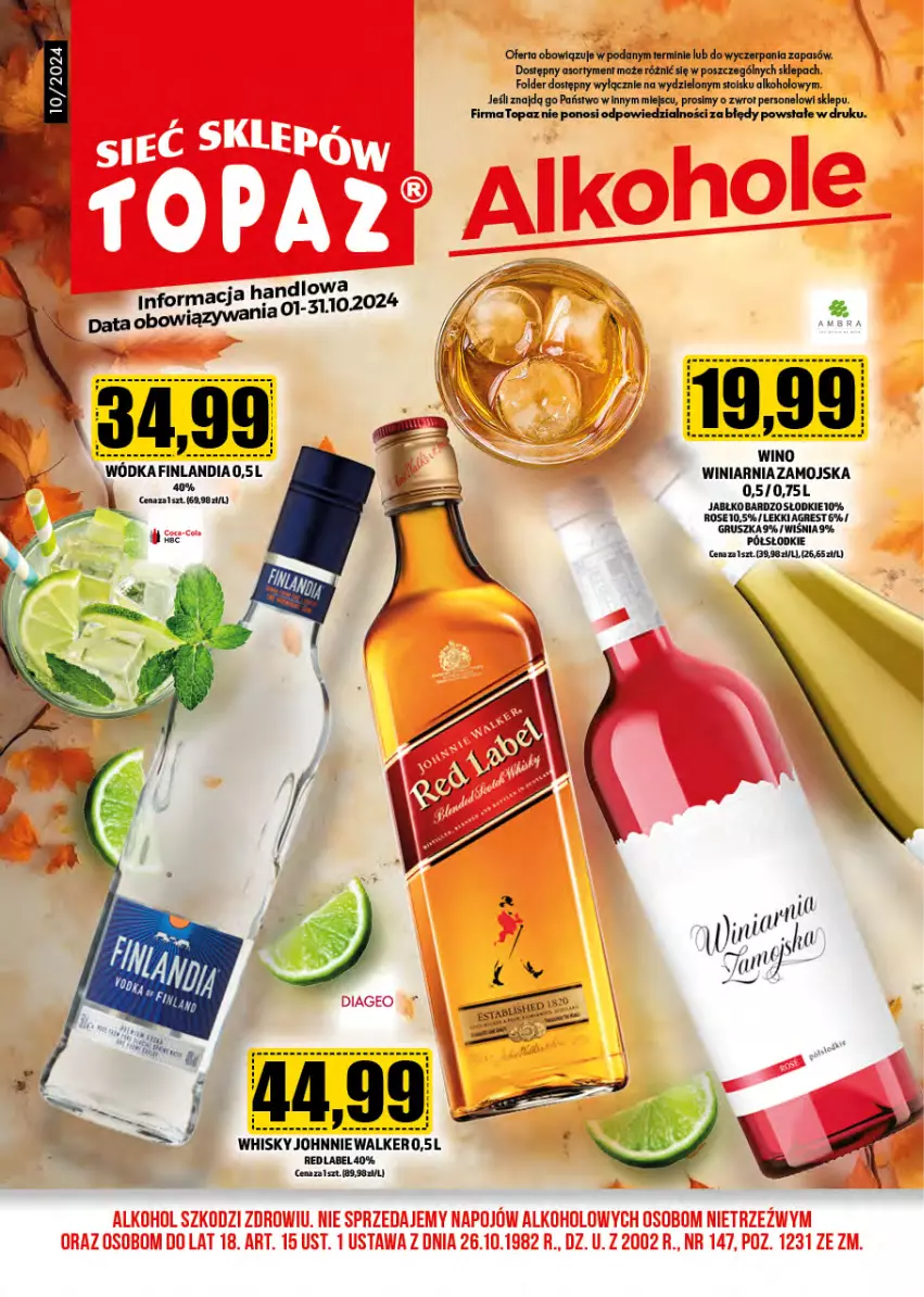 Gazetka promocyjna Topaz - Gazetka - ważna 01.10 do 31.10.2024 - strona 1 - produkty: Gres, Johnnie Walker, Top, Whisky, Winiarnia Zamojska, Wino