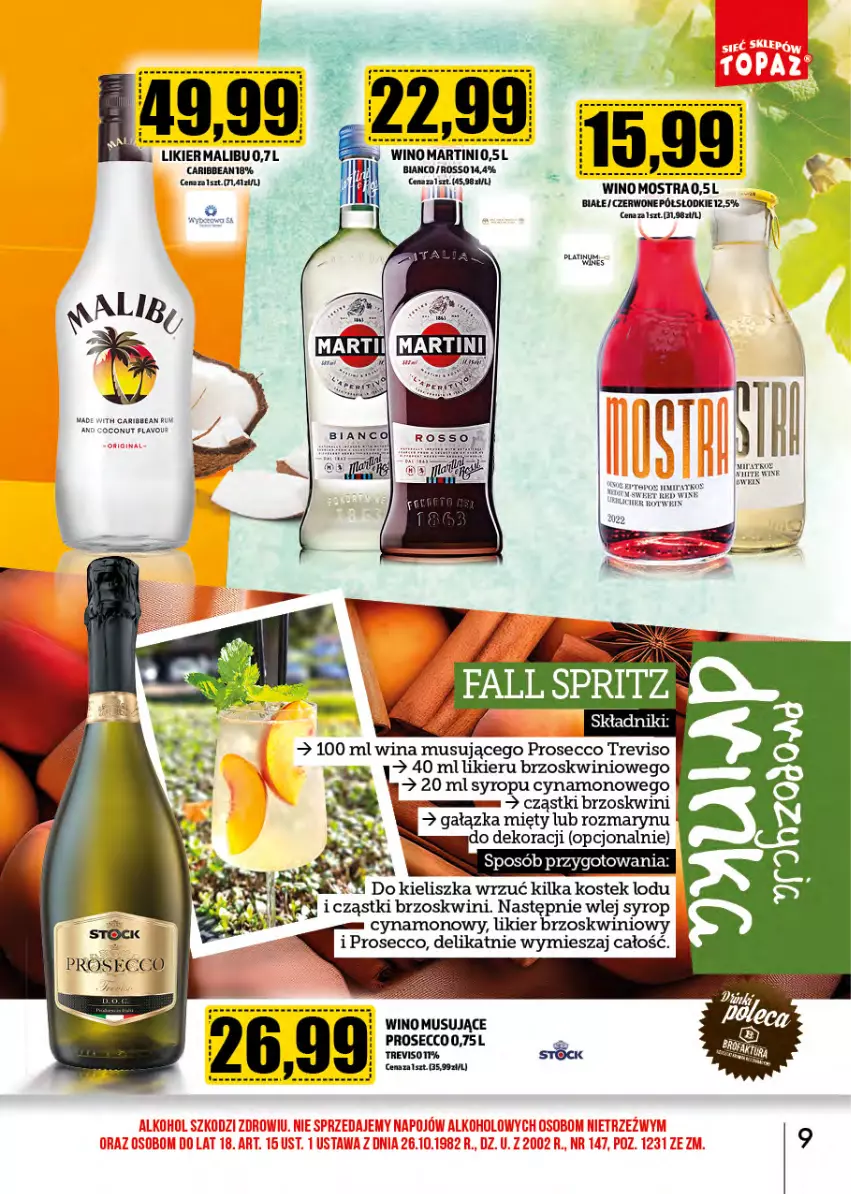 Gazetka promocyjna Topaz - Gazetka - ważna 01.10 do 31.10.2024 - strona 9 - produkty: Likier, Malibu, Martini, Mus, Prosecco, Rum, Stek, Syrop, Wino, Wino musujące