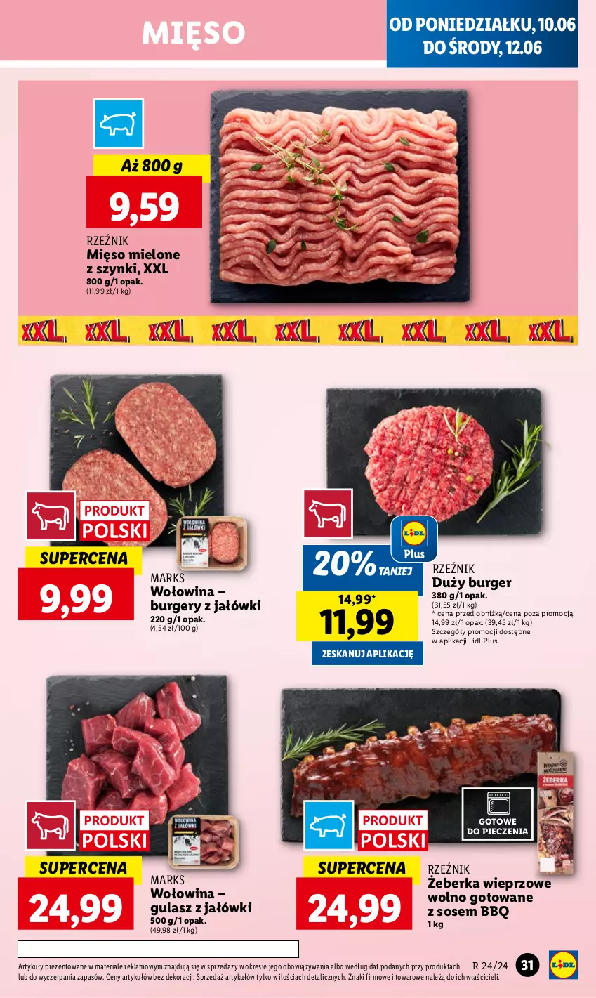 Gazetka promocyjna Lidl - GAZETKA - ważna 10.06 do 12.06.2024 - strona 35 - produkty: Burger, Mięso, Mięso mielone, Mięso mielone z szynki, Piec, Sos, Wołowina