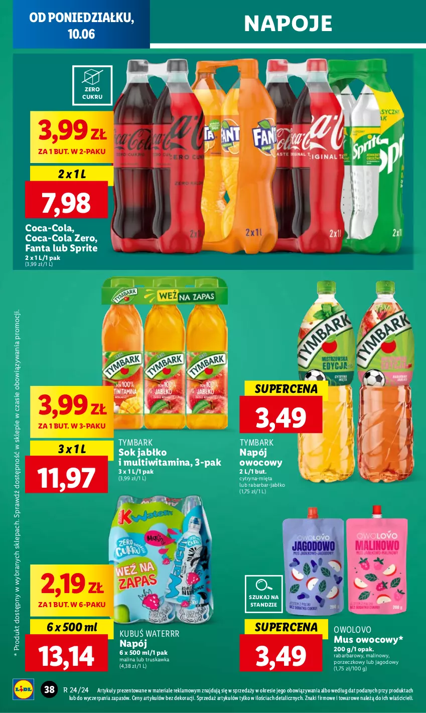 Gazetka promocyjna Lidl - GAZETKA - ważna 10.06 do 12.06.2024 - strona 46 - produkty: Coca-Cola, Fa, Fanta, Kubuś, Kubuś Waterrr, Mięta, Mus, Napój, Napoje, Por, Sok, Sprite, Tymbark