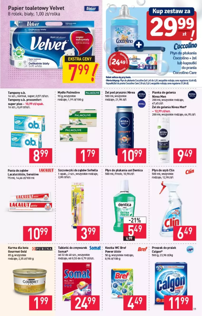 Gazetka promocyjna Stokrotka - Market - ważna 30.09 do 06.10.2021 - strona 11 - produkty: Bref, Clin, Coccolino, Fa, Lacalut, Lion, Mydło, Nivea, Nivea Men, O.B., Palmolive, Papier, Papier toaletowy, Pasta do zębów, Pianka do golenia, Płyn do płukania, Płyn do szyb, Tablet, Tampony, Velvet