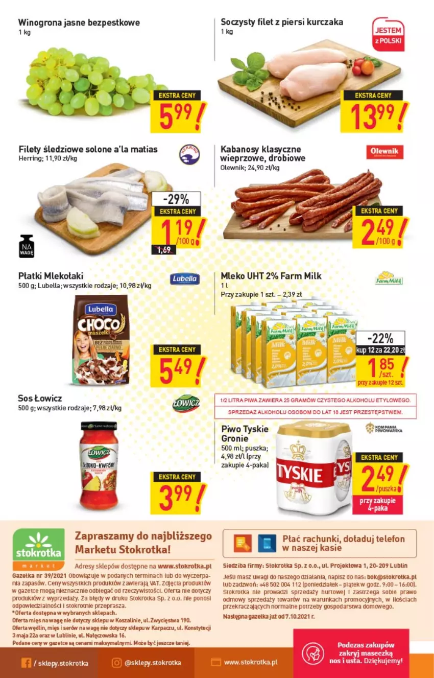 Gazetka promocyjna Stokrotka - Market - ważna 30.09 do 06.10.2021 - strona 12 - produkty: Bell, Bella, Dres, Fa, Farm Milk, Filet z piersi kurczaka, Gra, JBL, Kabanos, Karp, Kosz, Kurczak, Lubella, Mleko, O nas, Olewnik, Orka, Piwa, Piwo, Ser, Szal, Telefon, Tyskie, Wagi, Wino, Winogrona