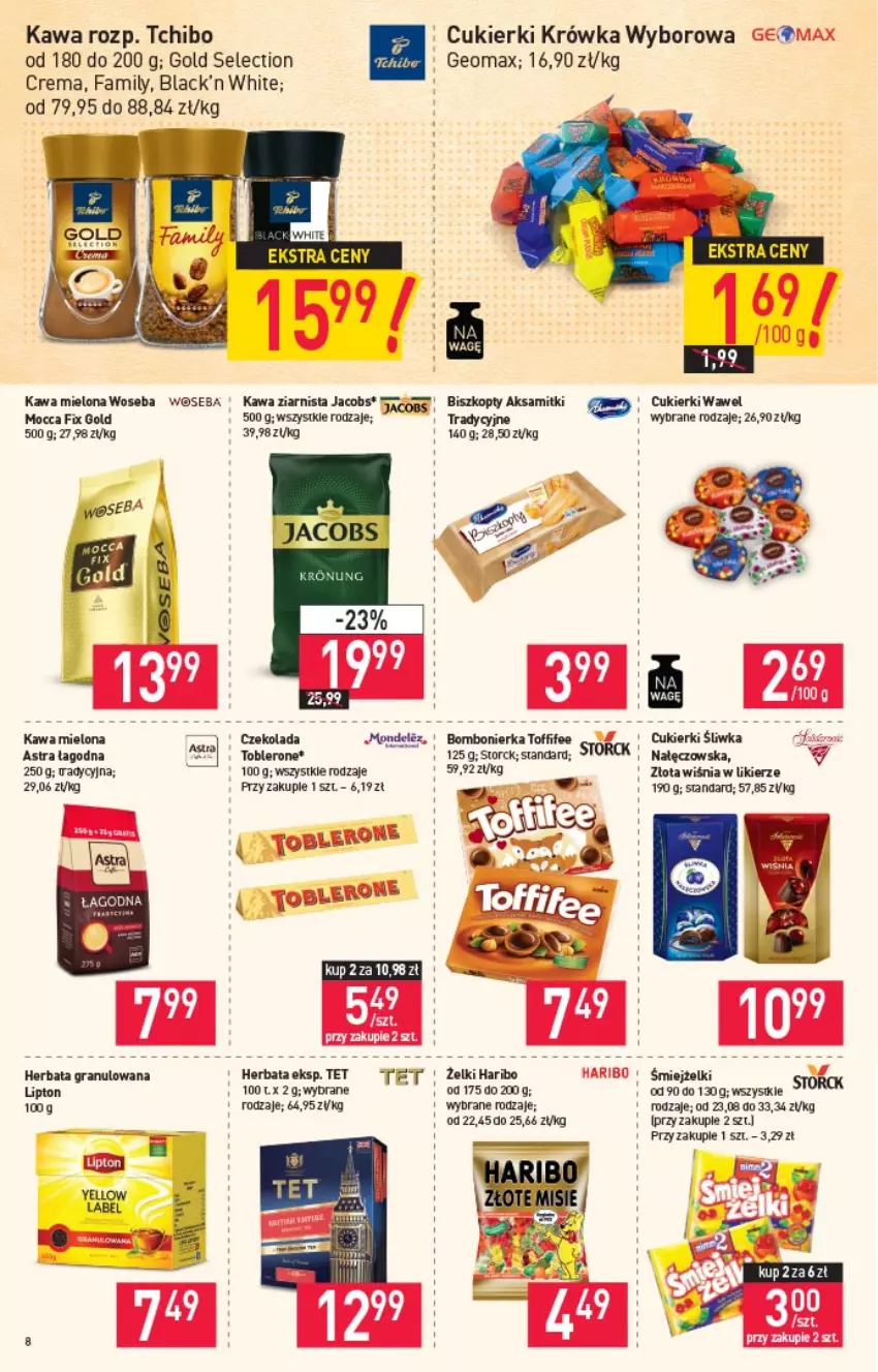 Gazetka promocyjna Stokrotka - Market - ważna 30.09 do 06.10.2021 - strona 8 - produkty: Aksam, Biszkopty, Cukier, Cukierki, Fa, Gra, Haribo, Herbata, Jacobs, Kawa, Kawa mielona, Kawa ziarnista, Lack, Likier, Lipton, Mocca Fix Gold, Tchibo, Toblerone, Toffifee, Wawel, Woseba, Wyborowa