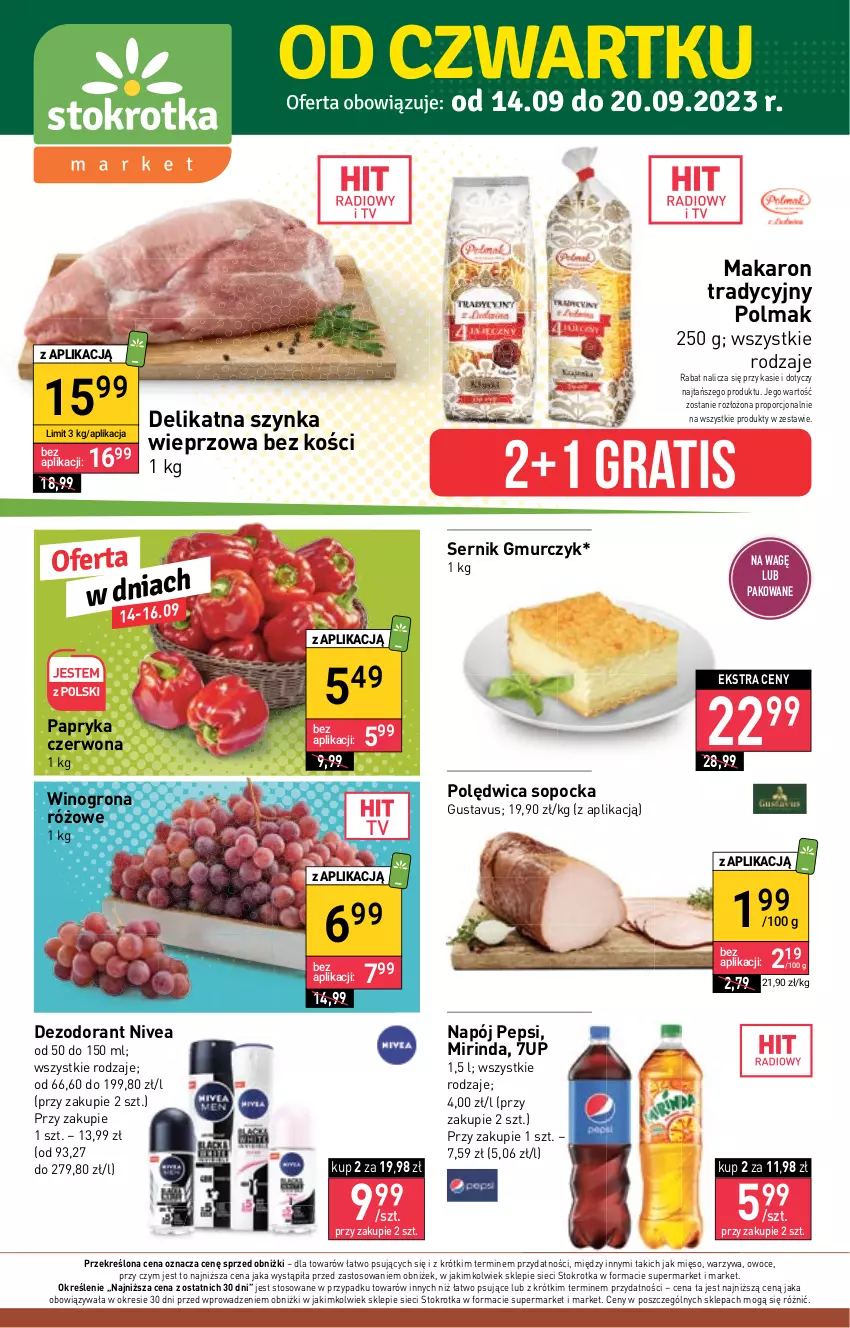 Gazetka promocyjna Stokrotka - Market - ważna 14.09 do 20.09.2023 - strona 1 - produkty: 7up, Dezodorant, Gra, Makaron, Mięso, Mirinda, Napój, Nivea, Olma, Owoce, Papryka, Papryka czerwona, Pepsi, Polędwica, Por, Ser, Szynka, Szynka wieprzowa, Warzywa, Wino, Winogrona