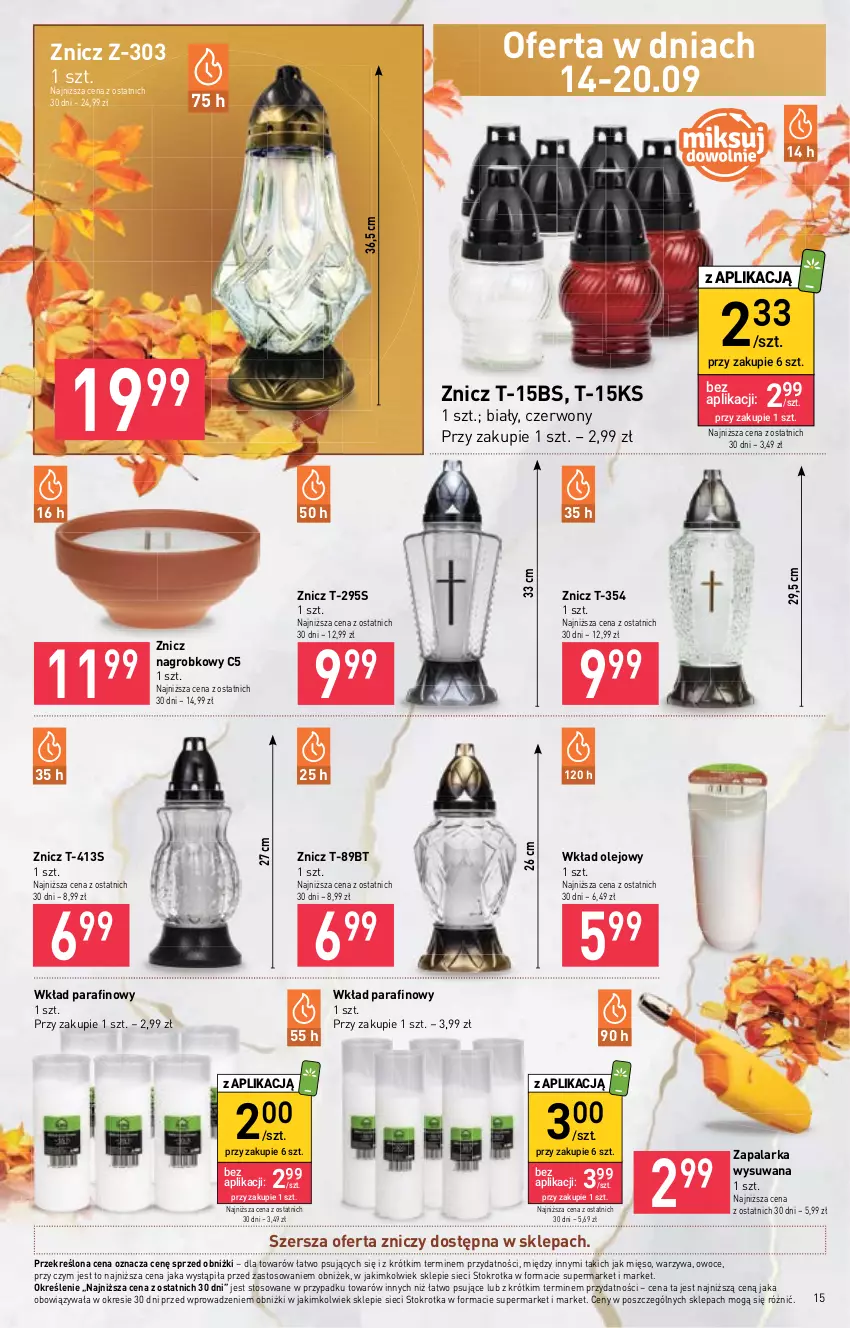 Gazetka promocyjna Stokrotka - Market - ważna 14.09 do 20.09.2023 - strona 20 - produkty: Mięso, Olej, Owoce, Warzywa, Wkład olejowy, Zapalarka, Znicz