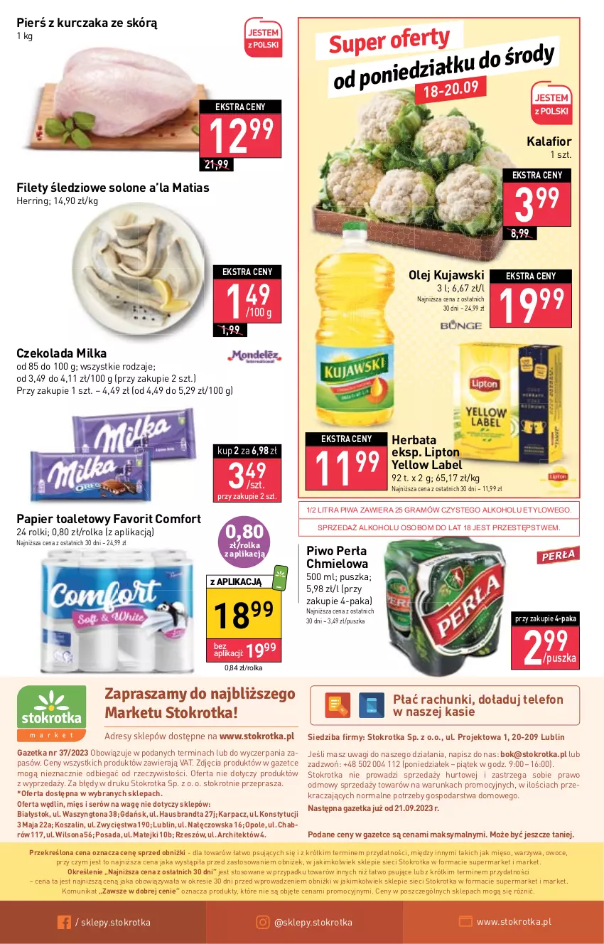 Gazetka promocyjna Stokrotka - Market - ważna 14.09 do 20.09.2023 - strona 21 - produkty: Czekolada, Dres, Fa, Gra, Herbata, JBL, Kalafior, Karp, Kosz, Kujawski, Kurczak, Lipton, Mięso, Milka, O nas, Olej, Owoce, Papier, Papier toaletowy, Perła, Piwa, Piwo, Rolki, Ser, Szal, Telefon, Wagi, Warzywa, Wilson