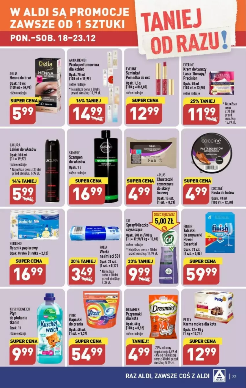 Gazetka promocyjna Aldi - ważna 18.12 do 23.12.2023 - strona 16 - produkty: Cif, Finish, Inka, Lakier, Lakier do włosów, Papier, Perfum, Przysmaki, Ręcznik, Ser, Szampon, Szminka, Tablet, Tabletki do zmywarki, Woda, Woda perfumowana, Worki na śmiec, Worki na śmieci, Zmywarki