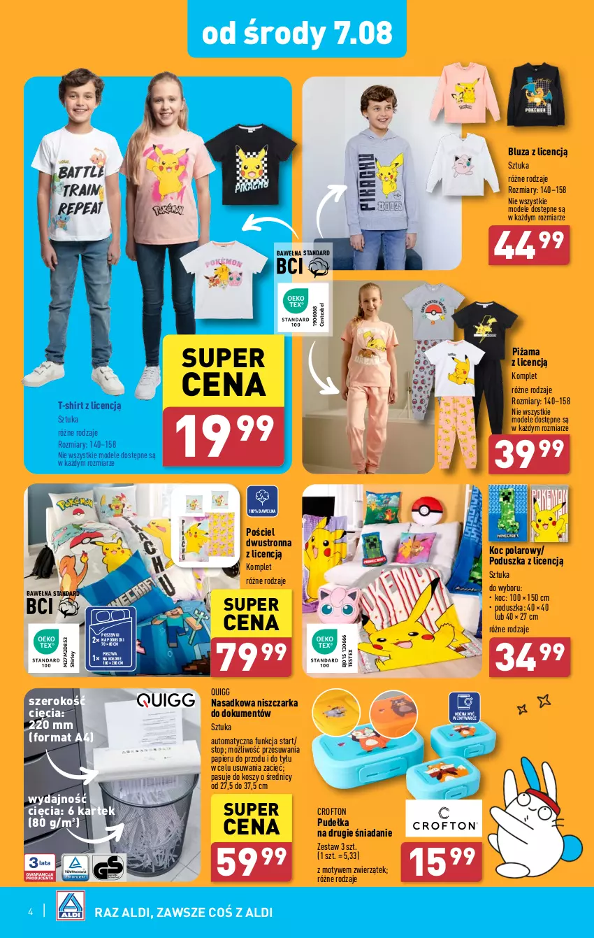 Gazetka promocyjna Aldi - Artykuły przemysłowe i tekstylia - ważna 05.08 do 10.08.2024 - strona 4 - produkty: Bluza, Koc, Kosz, Niszczarka, Papier, Piżama, Poduszka, Pościel, Pościel dwustronna, T-shirt, Top, Wełna