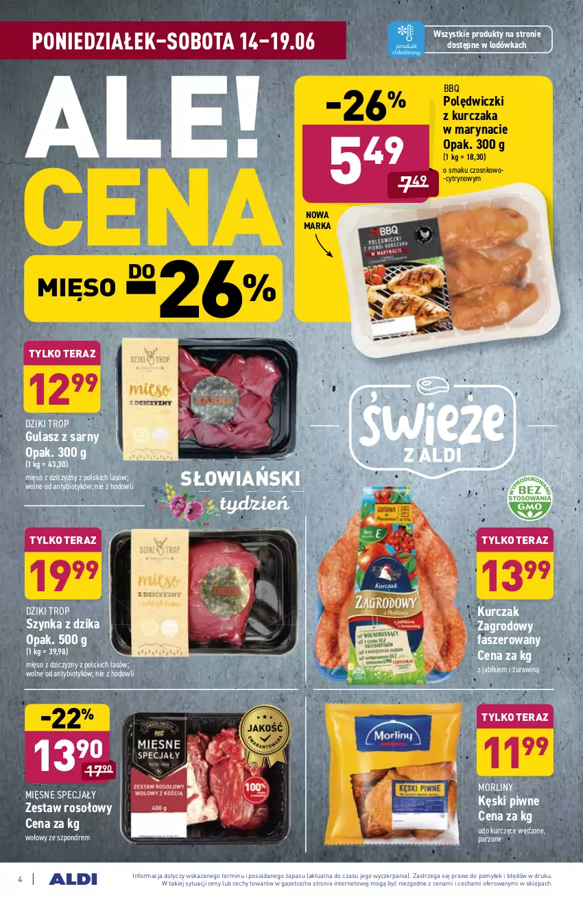 Gazetka promocyjna Aldi - ważna 14.06 do 19.06.2021 - strona 4 - produkty: Fa, Kęski piwne, Kurczak, Lodówka, Mięsne specjały, Mięso, Morliny, Polędwiczki z kurczaka, Szynka, Tera