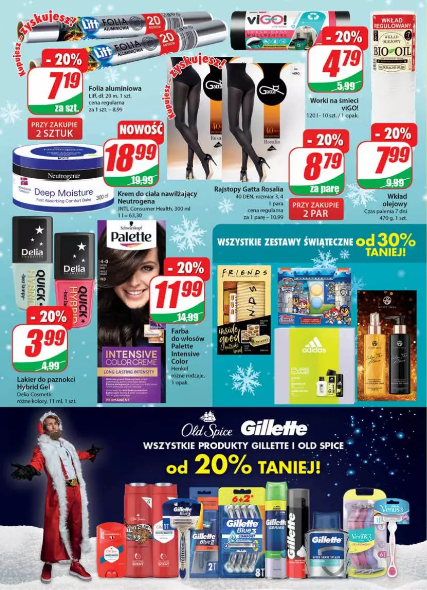 Gazetka promocyjna Dino - Gazetka - ważna 14.12 do 20.12.2022 - strona 26 - produkty: Fa, Farba do włosów, Folia aluminiowa, Gatta, Gillette, Krem do ciała, Lakier, Lakier do paznokci, Neutrogena, Olej, Palette, Rajstopy, Top, Worki na śmiec, Worki na śmieci