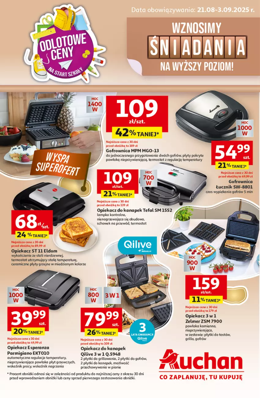Gazetka promocyjna Auchan - Wznosimy śniadania na wyższy poziom Hipermarket - ważna 21.08 do 03.09.2025 - strona 1 - produkty: Gofrownica, Grill, Opiekacz do kanapek, Płyty grzejne, Przewód, Termos, Zelmer