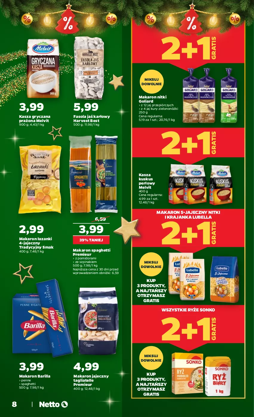 Gazetka promocyjna Netto - Od Czwartku - ważna 04.12 do 23.12.2025 - strona 8 - produkty: Barilla, Bell, Bella, Fa, Fasola, Goliard, Gra, Gry, Kasza, Kasza gryczana, Kuskus, Lubella, Makaron, Melvit, Penne, Ryż, Sonko, Spaghetti, Szpinak, Tagliatelle