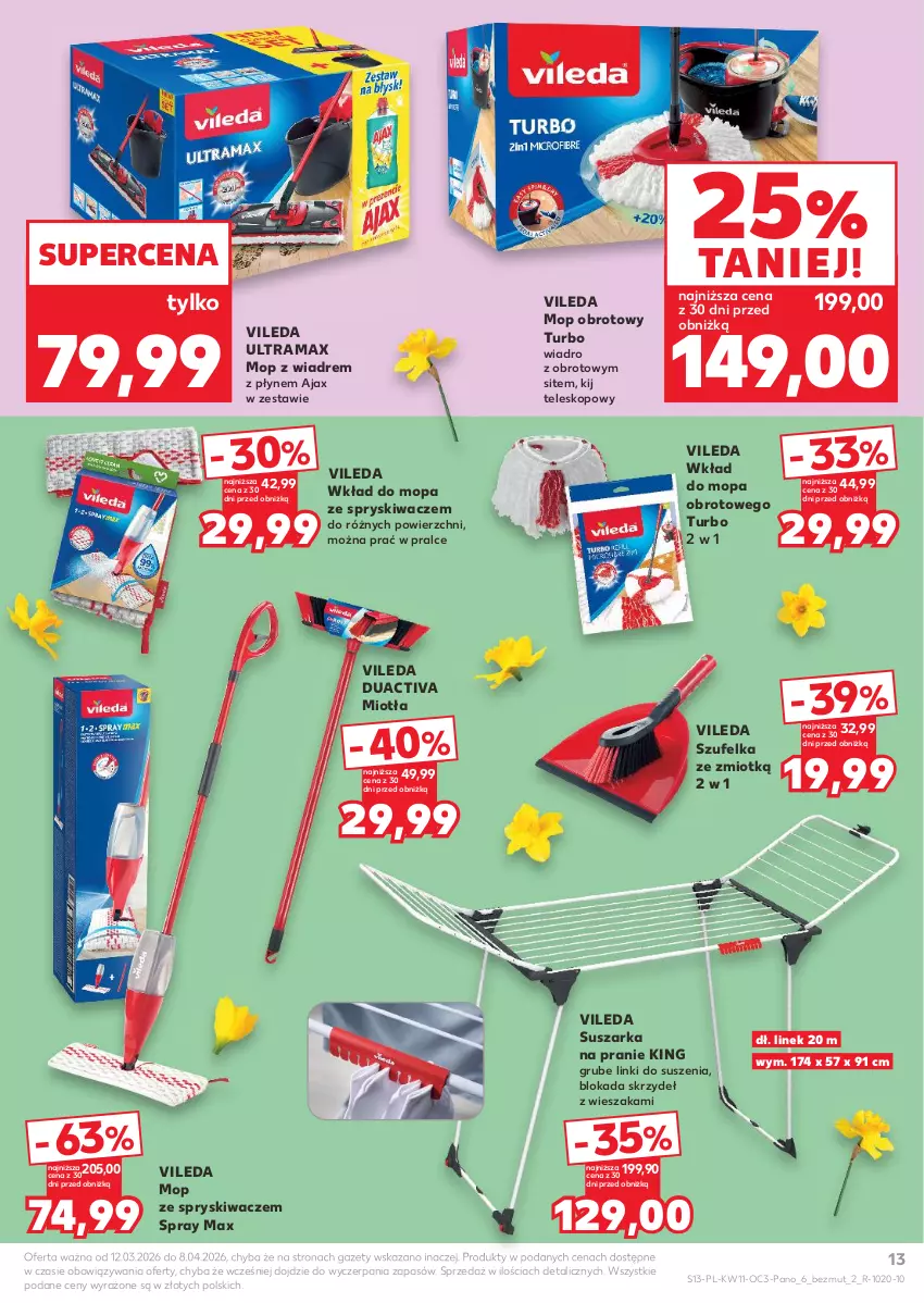 Gazetka promocyjna Kaufland - Kaufland - ważna 12.03 do 08.04.2026 - strona 13 - produkty: Ajax, Miotła, Mop, Rama, Suszarka, Suszarka na pranie, Szufelka, Teleskop, Vileda, Wiadro, Wieszak, Wkład do mopa