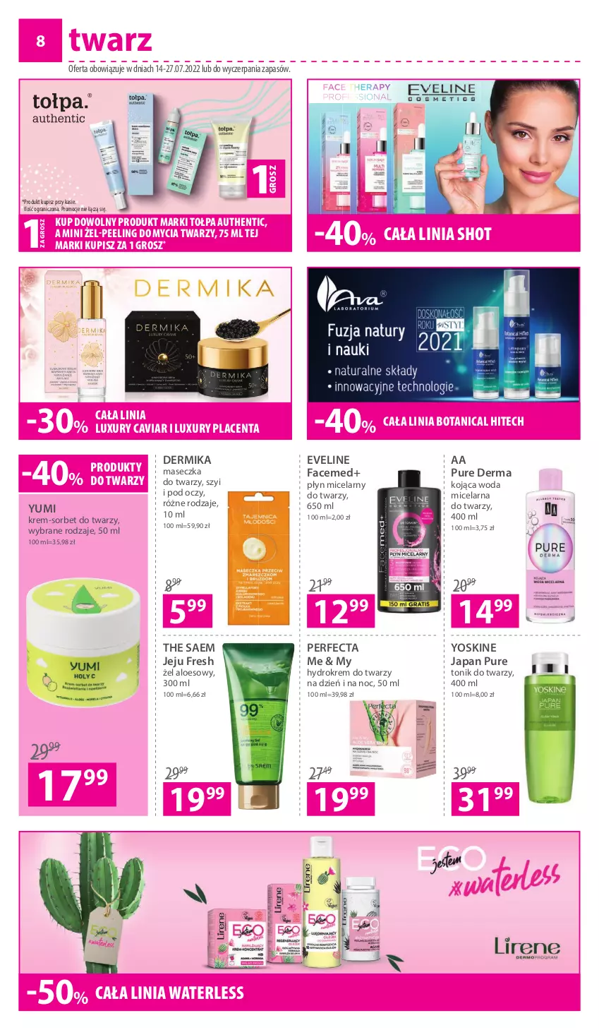 Gazetka promocyjna Hebe - Gazetka - ważna 14.07 do 27.07.2022 - strona 8 - produkty: Dermika, Eveline, Fa, Gra, Krem do twarzy, Peeling, Perfecta, Płyn micelarny, Pur, Tołpa, Tonik, Tonik do twarzy, Woda, Woda micelarna, Yoskine