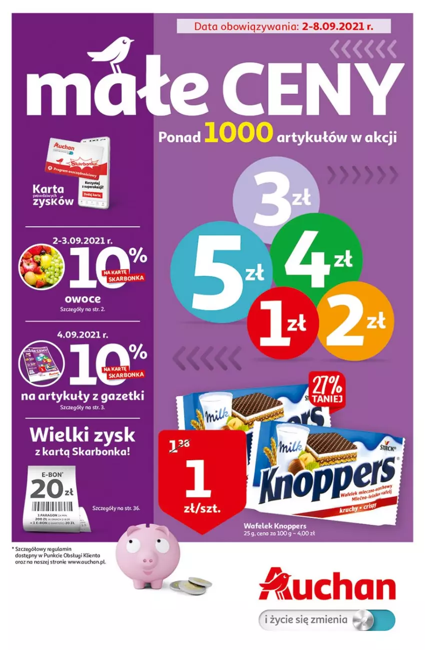 Gazetka promocyjna Auchan - Małe ceny Hipermarkety - ważna 02.09 do 08.09.2021 - strona 1 - produkty: Knoppers, Owoce, Wafelek