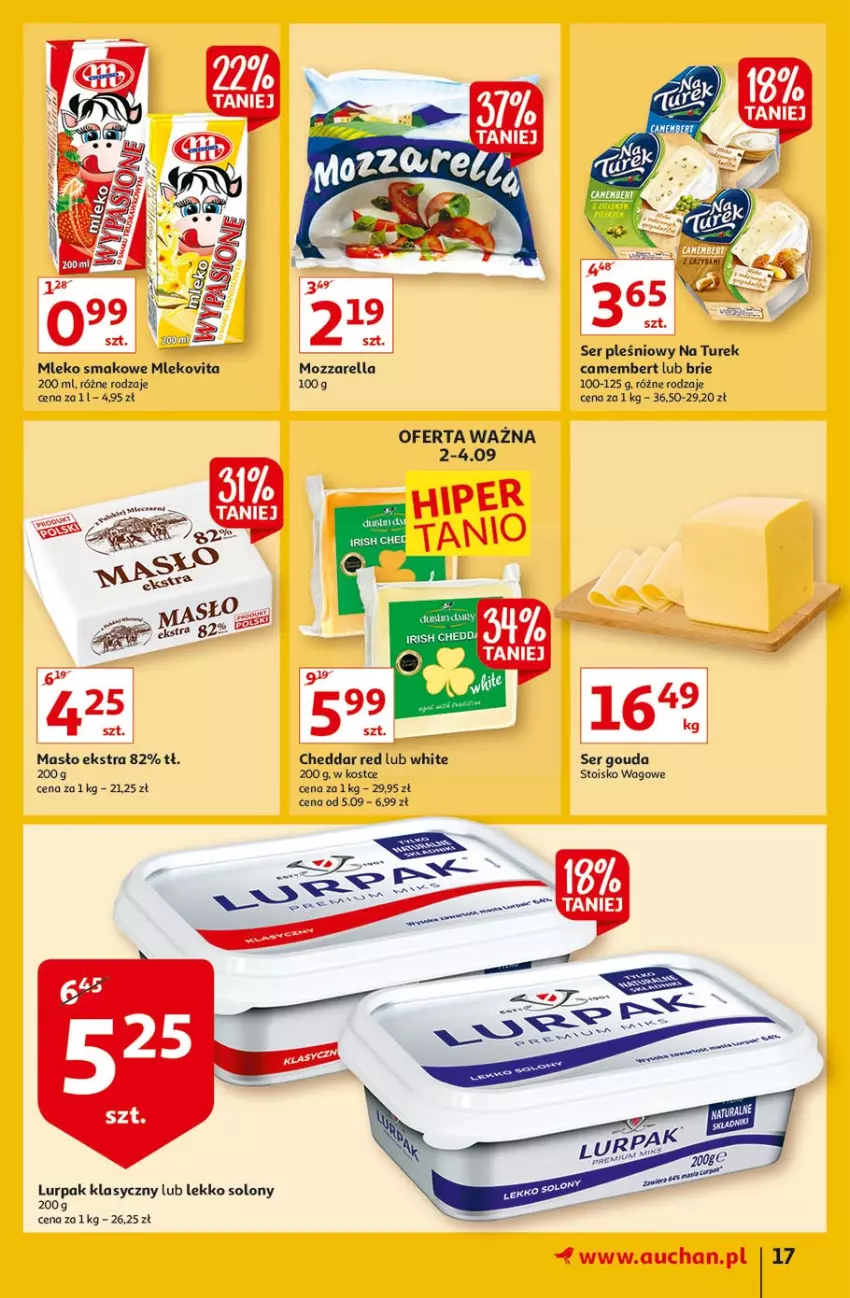 Gazetka promocyjna Auchan - Małe ceny Hipermarkety - ważna 02.09 do 08.09.2021 - strona 17 - produkty: Brie, Camembert, Cheddar, Gouda, Lurpak, Masło, Mleko, Mleko smakowe, Mlekovita, Mozzarella, Ser, Ser pleśniowy