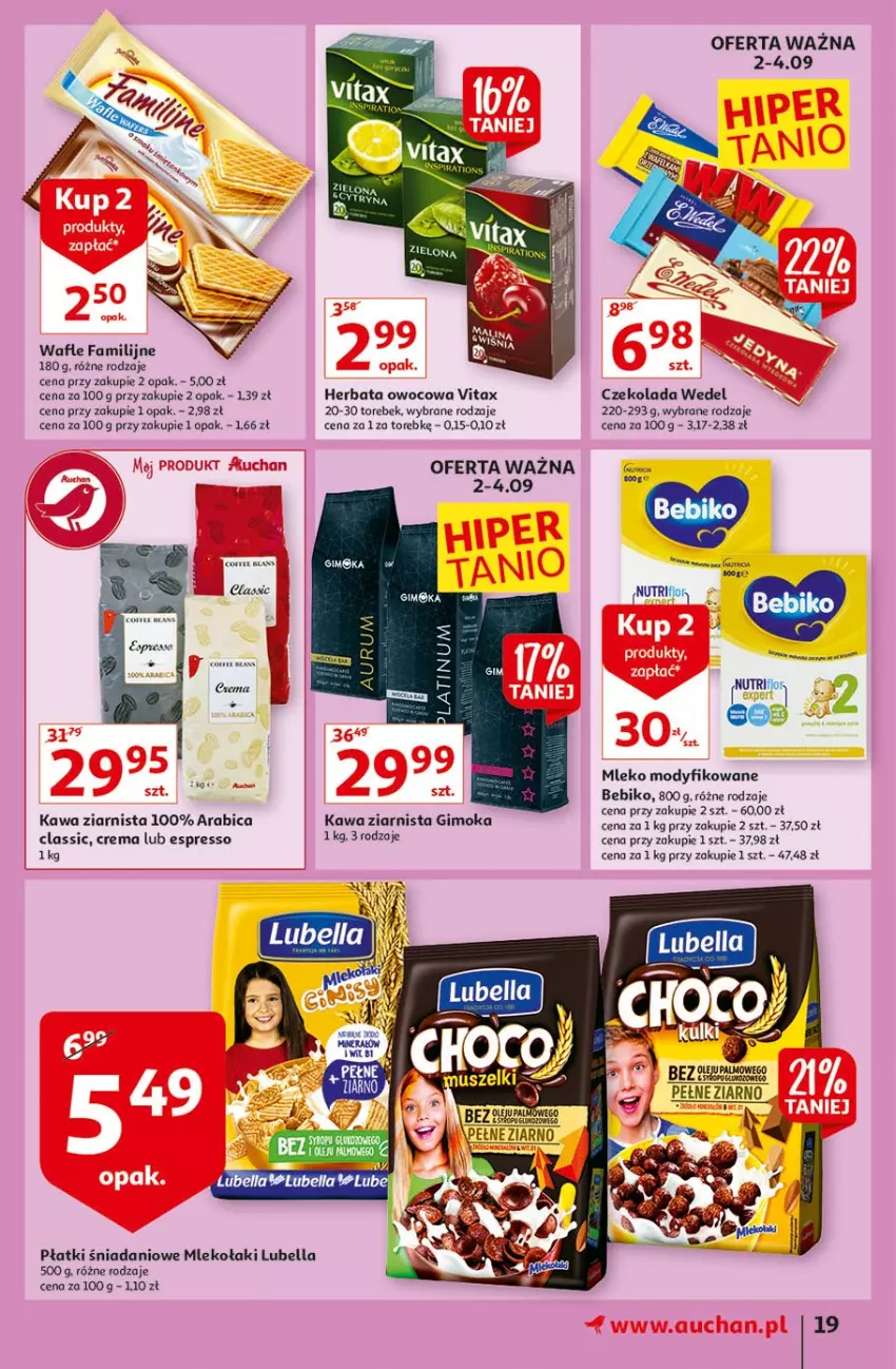 Gazetka promocyjna Auchan - Małe ceny Hipermarkety - ważna 02.09 do 08.09.2021 - strona 19 - produkty: Bebiko, Bell, Bella, BIC, Czekolada, Danio, Fa, Gimoka, Herbata, Herbata owocowa, Kawa, Kawa ziarnista, Lubella, Mleko, Mleko modyfikowane, Vitax, Wafle