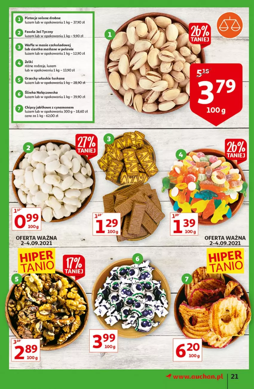 Gazetka promocyjna Auchan - Małe ceny Hipermarkety - ważna 02.09 do 08.09.2021 - strona 21 - produkty: Chipsy, Ciastka, Fa, Fasola, Orzechy włoskie, Pistacje, Wafle
