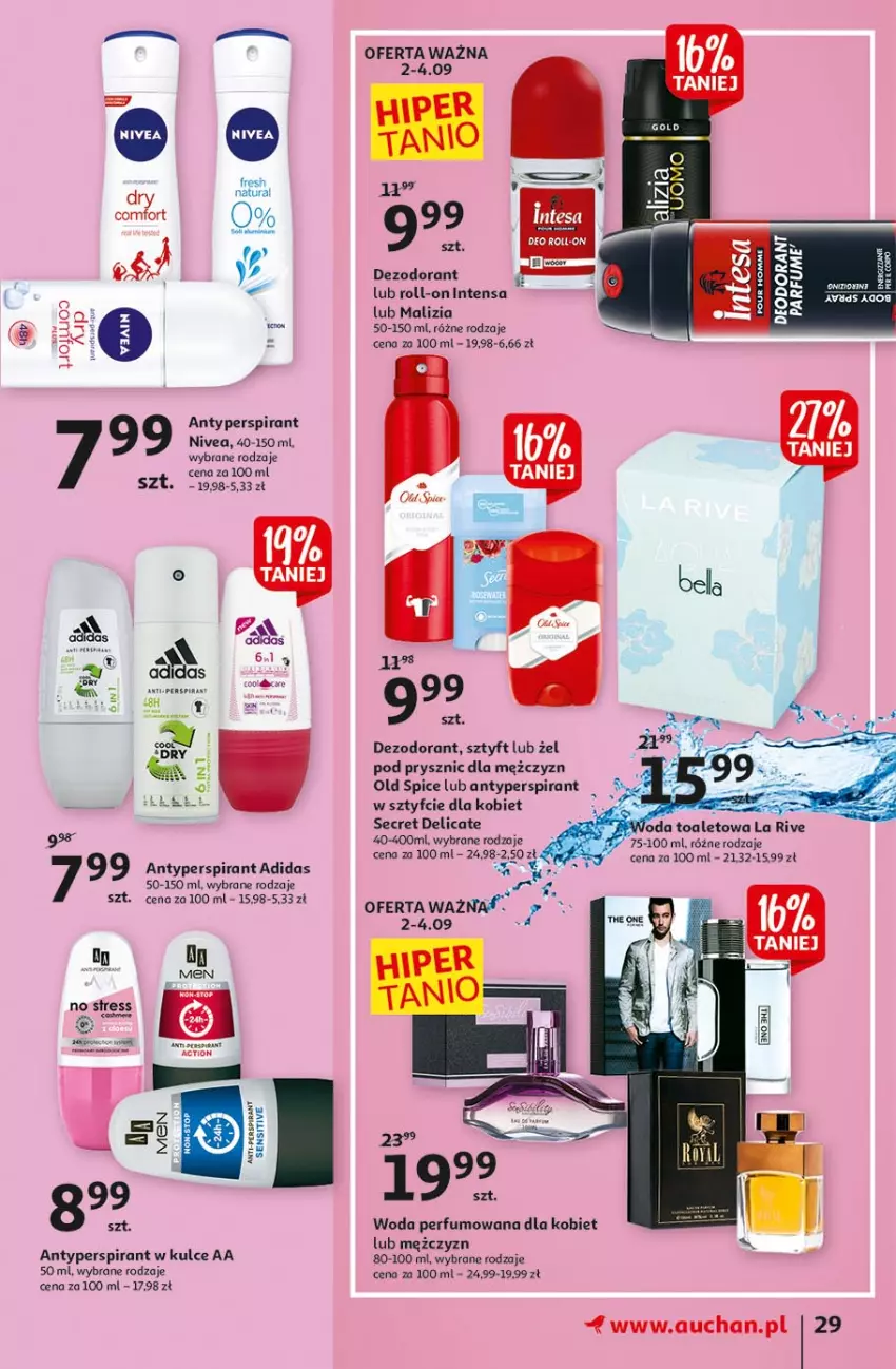 Gazetka promocyjna Auchan - Małe ceny Hipermarkety - ważna 02.09 do 08.09.2021 - strona 29 - produkty: Adidas, Antyperspirant, Dezodorant, Malizia, Nivea, Old Spice, Woda