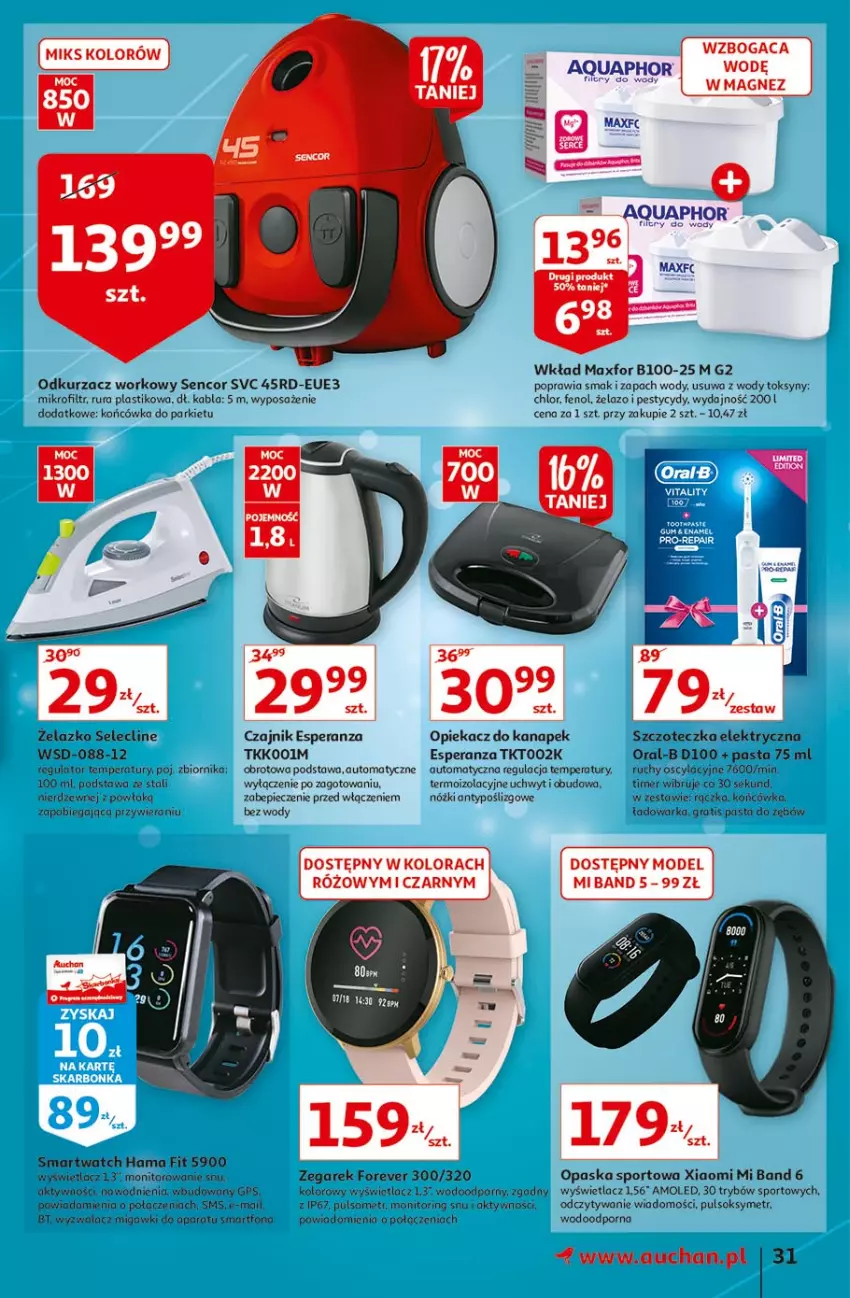 Gazetka promocyjna Auchan - Małe ceny Hipermarkety - ważna 02.09 do 08.09.2021 - strona 31 - produkty: Amol, Aquaphor, Clin, Czajnik, Gra, Hama, Magnez, Monitor, Odkurzacz, Opaska, Pasta do zębów, Piec, Por, Pulsoksymetr, Rura, Sencor, Smartfon, Smartwatch, Sok, Sport, Szczoteczka, Warka