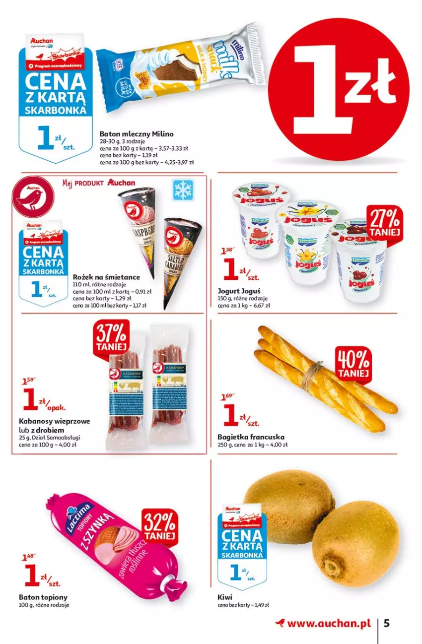Gazetka promocyjna Auchan - Małe ceny Hipermarkety - ważna 02.09 do 08.09.2021 - strona 5 - produkty: Bagietka, Baton, Jogurt, Kabanos, Kiwi, Top