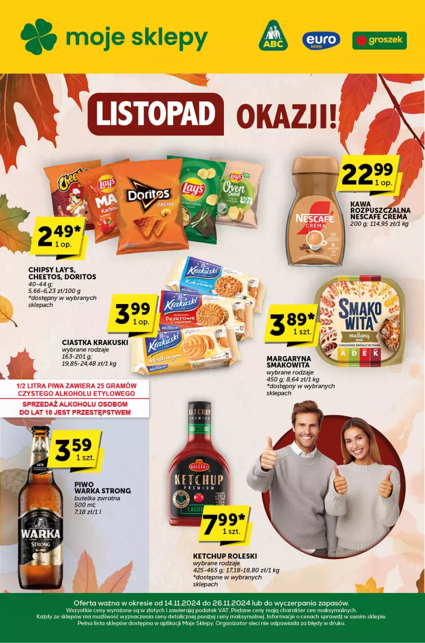 Gazetka promocyjna ABC - ważna 14.11 do 26.11.2024 - strona 1 - produkty: Cheetos, Chipsy, Ciastka, Ketchup, Krakus, Krakuski, Piwo, Smakowita, Warka