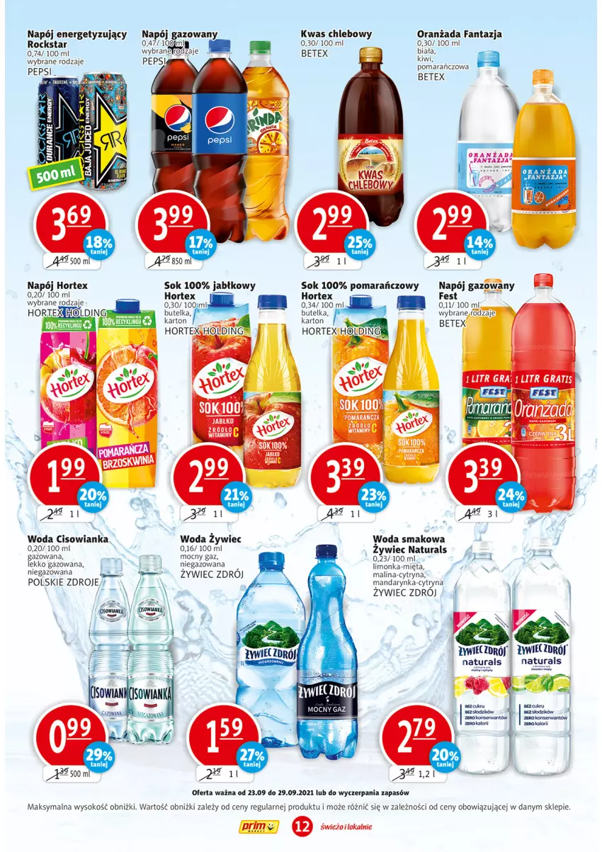 Gazetka promocyjna Prim Market - Gazetka - ważna 23.09 do 29.09.2021 - strona 12 - produkty: Chleb, Cisowianka, Fa, Fanta, Hortex, Kiwi, Limonka, Mięta, Napój, Napój gazowany, Oranżada, Pepsi, Sok, Woda