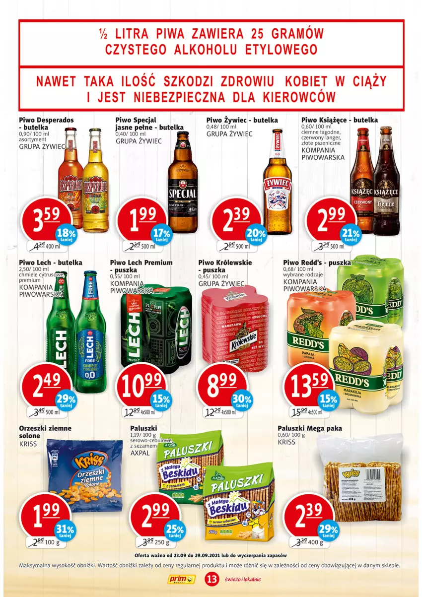 Gazetka promocyjna Prim Market - Gazetka - ważna 23.09 do 29.09.2021 - strona 13 - produkty: Desperados, Królewski, Książęce, Lech Premium, Orzeszki, Orzeszki ziemne, Piwo, Redd's, Sok