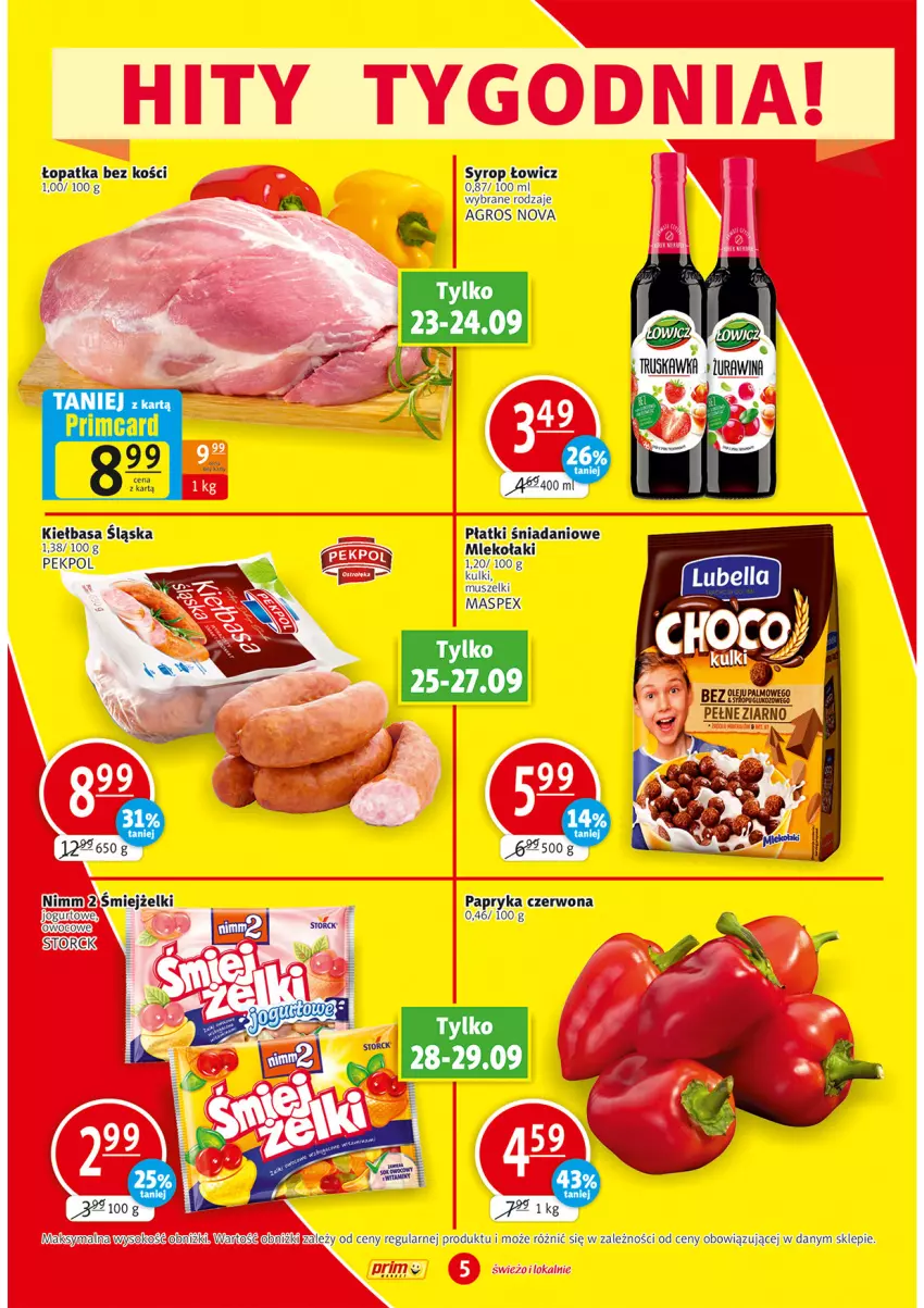 Gazetka promocyjna Prim Market - Gazetka - ważna 23.09 do 29.09.2021 - strona 5 - produkty: Danio, Jogurt, Kiełbasa, Kiełbasa śląska, Mleko, Papryka, Papryka czerwona, Pekpol, Syrop