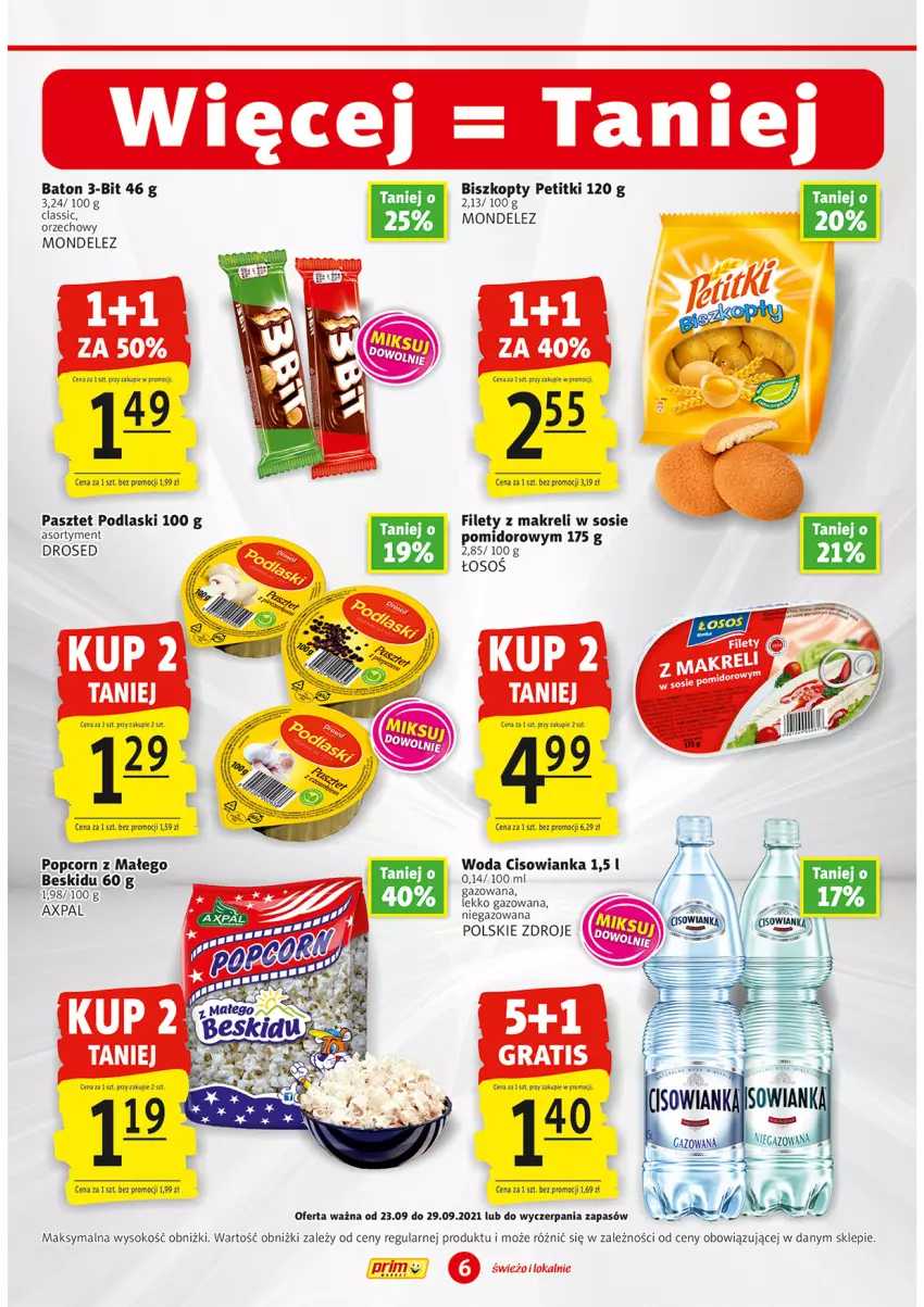 Gazetka promocyjna Prim Market - Gazetka - ważna 23.09 do 29.09.2021 - strona 6 - produkty: Baton, Biszkopty, Cisowianka, Pasztet, Podlaski, Popcorn, Sok, Sos, Woda